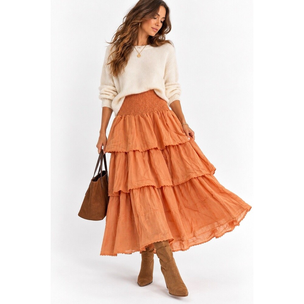 Free the Roses Tangerine Smocked Waist Tiered Ruffle Maxi Skirt Size Small